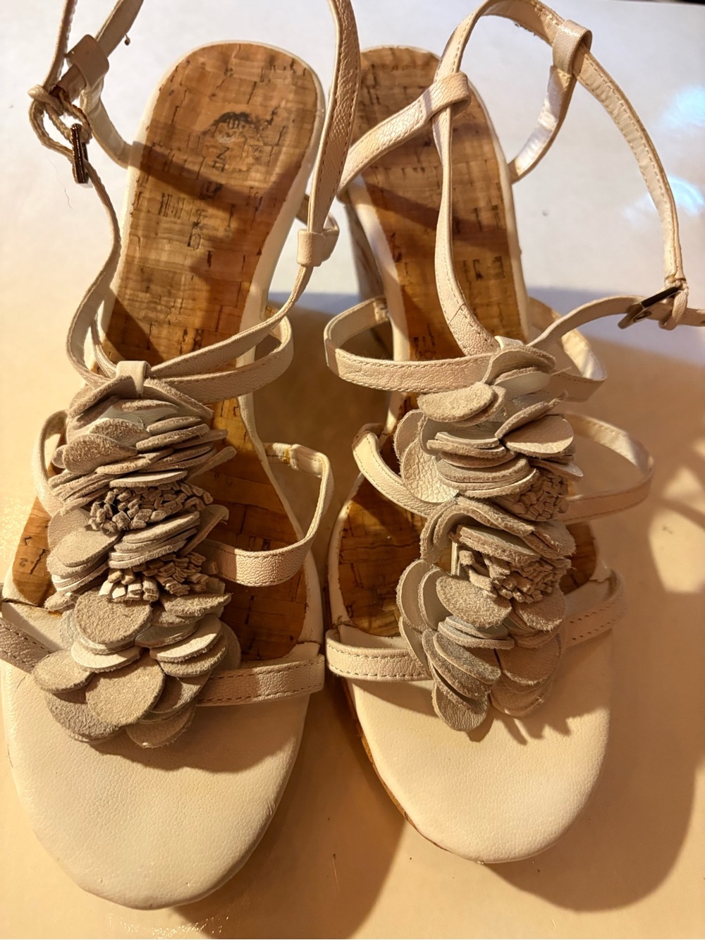 Bandolino Cream Floral Applique Cork Wedge Sandals